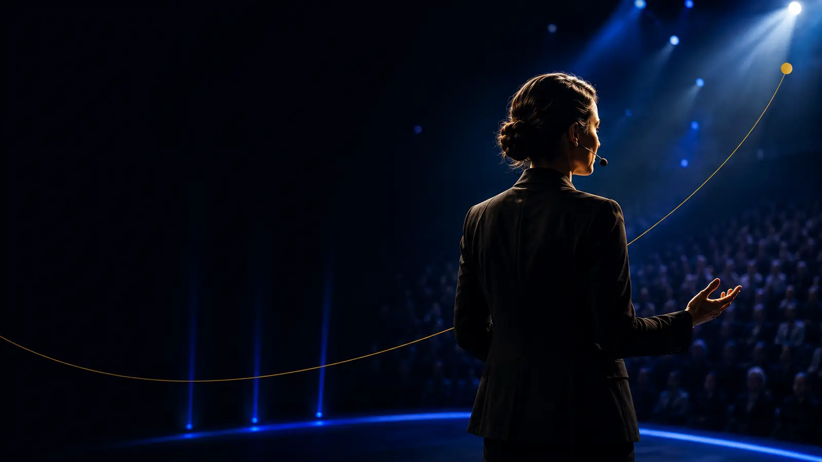 A speaker on stage in front of a full auditorium